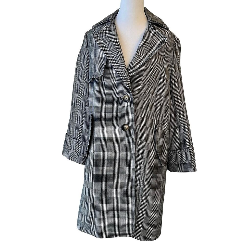 Topshop Herringbone Glen Plaid Trench Coat 8 Long Academia Heritage Black